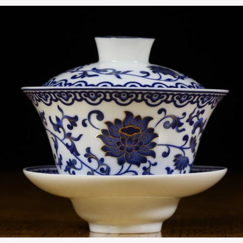 Traditional Blue and White Porcelain Gaiwan Buddhist Intertwined Lotus