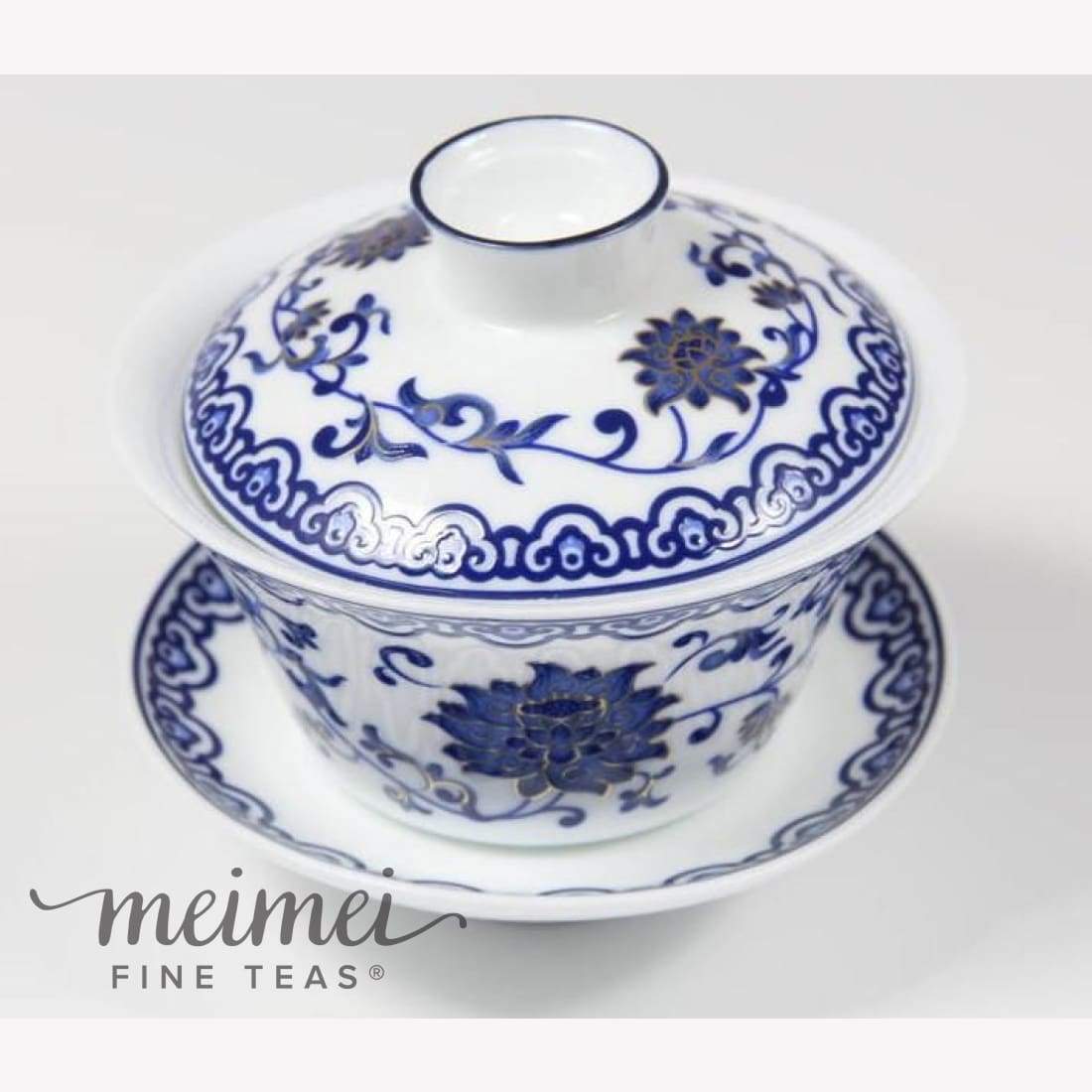 Traditional Blue and White Porcelain Gaiwan Buddhist Intertwined Lotus
